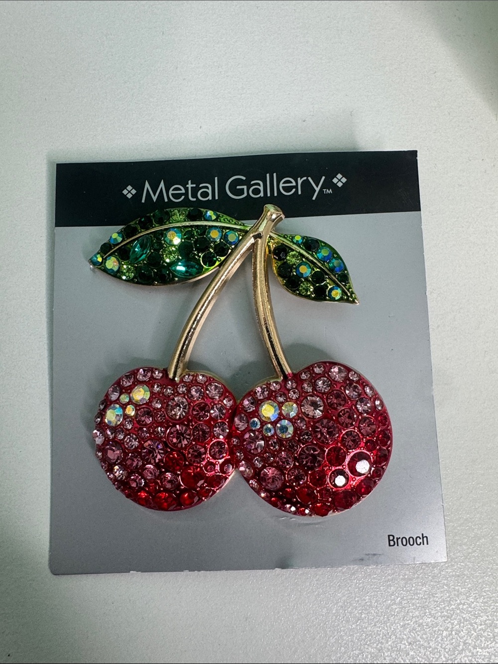 Metal Gallery Crystal Cherry Brooch - Red & Green